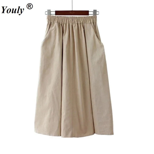 Midi Skirt Women Fashion Elastic Waist Side Pockets Ruched Sun Falda Female Casual Loose Solid Color Empire A-Line Cotton Skirt